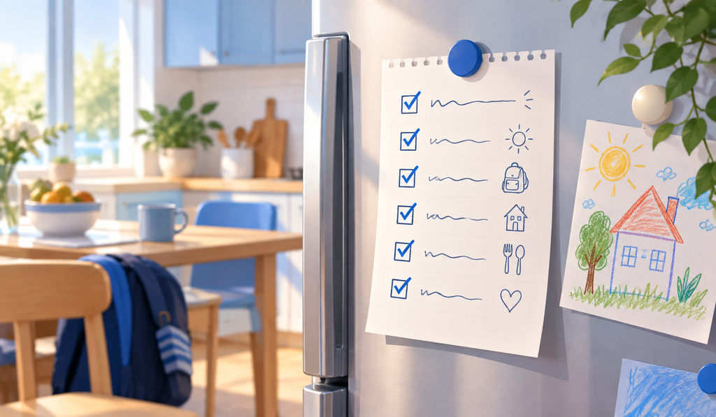 Family checklist and child’s drawing attached to a refrigerator in a bright kitchen