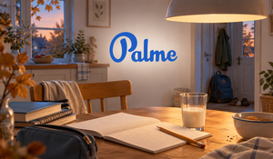 Evening study table with a notebook, pencil, glass of milk, and the Palme School logo