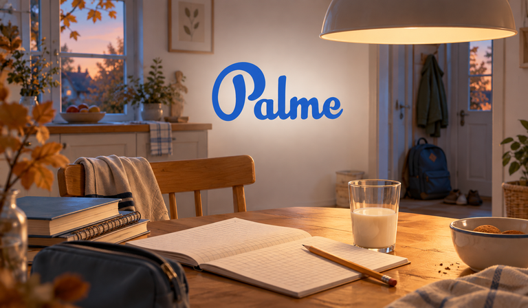 Evening study table with a notebook, pencil, glass of milk, and the Palme School logo