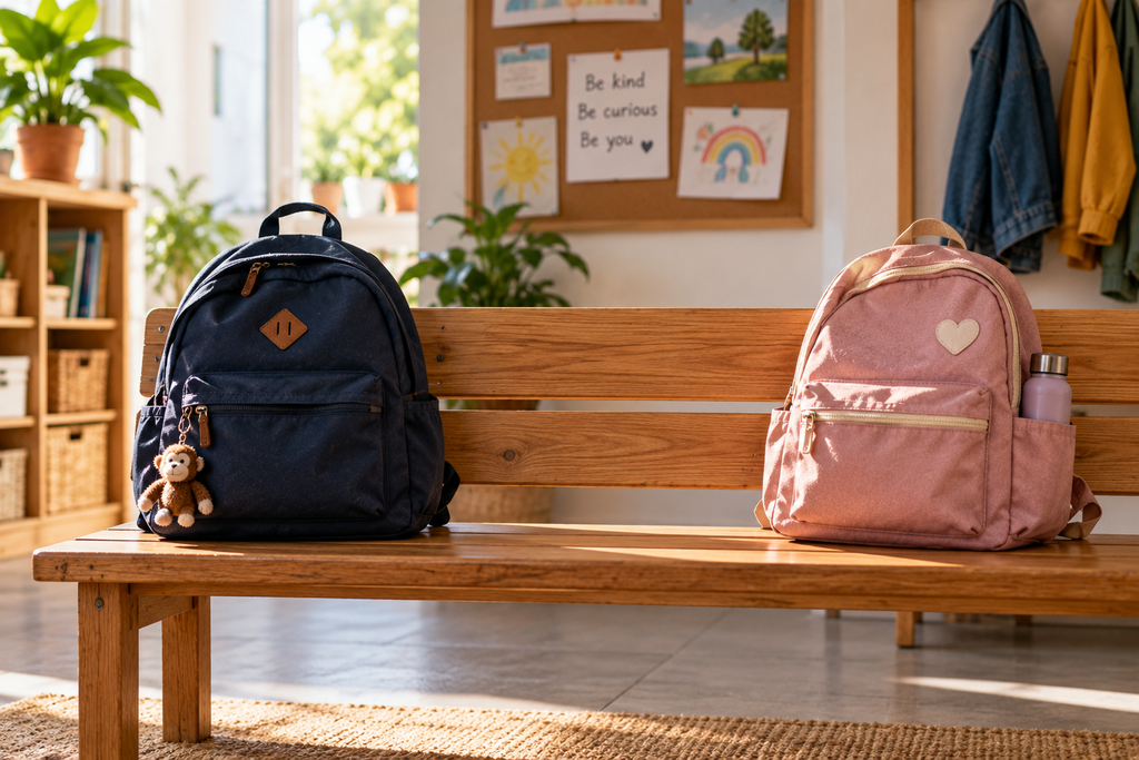 Two children's backpacks on a bench with a gap between them