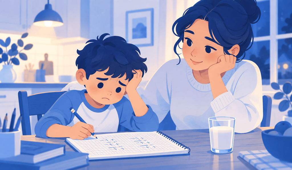 Mother helping her child with math homework at the kitchen table