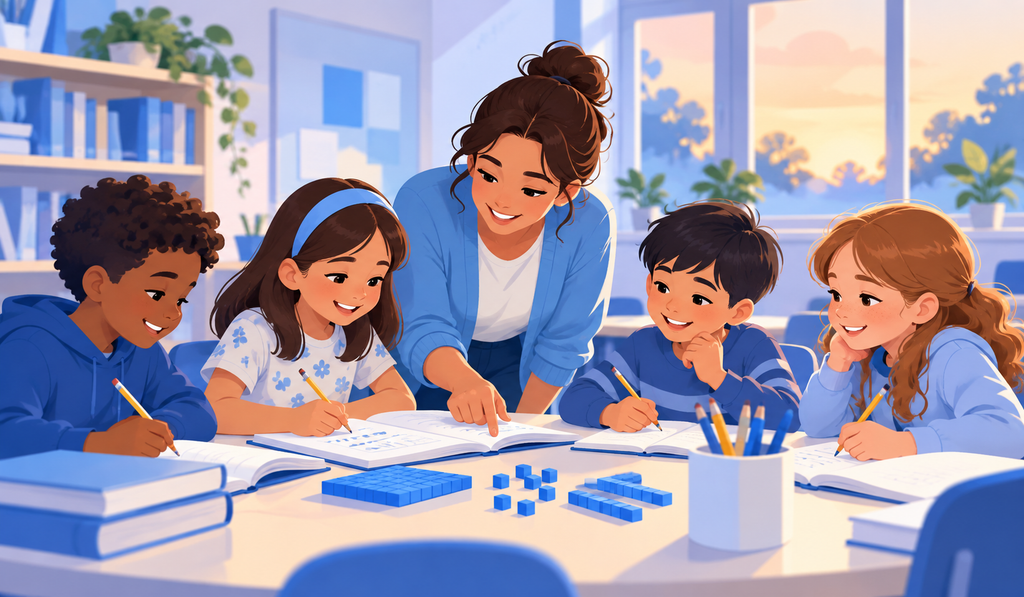 Teacher helping a small group of children with math exercises in a classroom
