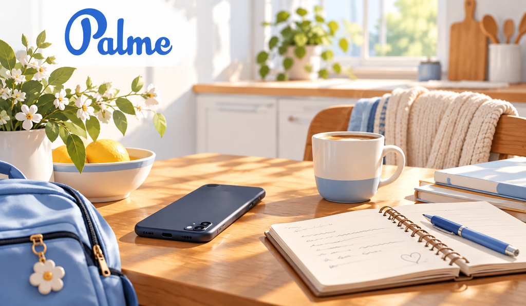 Bright kitchen table with a notebook, coffee mug, phone, backpack, and the Palme logo