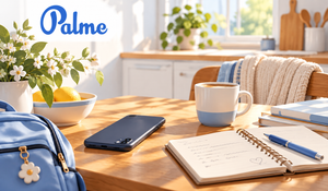 Bright kitchen table with a notebook, coffee mug, phone, backpack, and the Palme logo