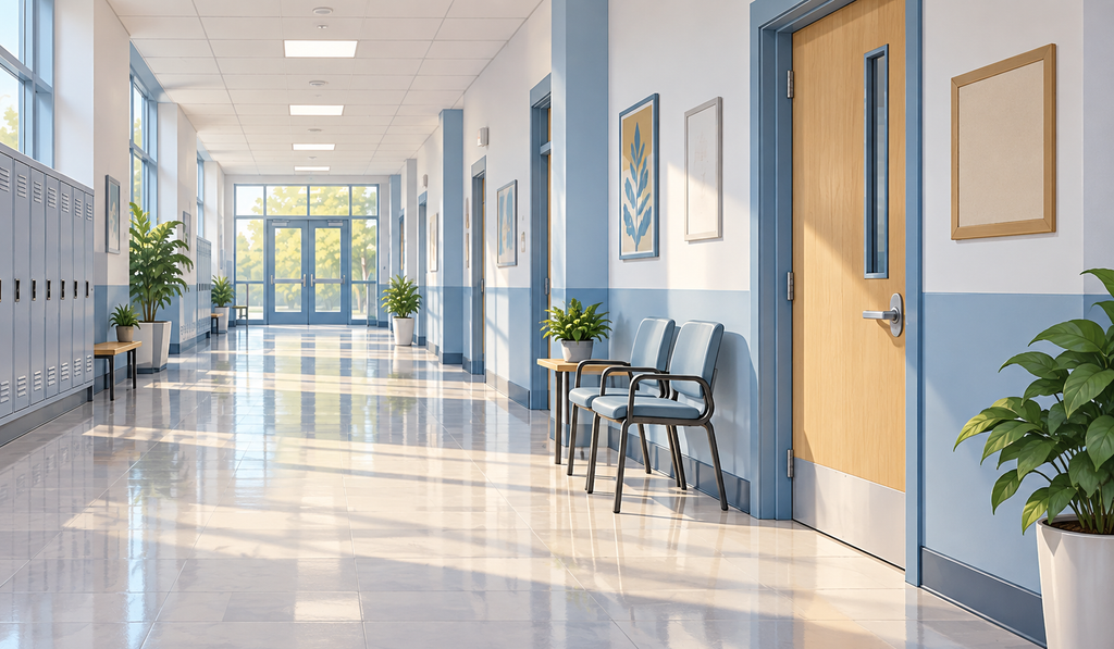 Bright empty school hallway with lockers, classroom doors, chairs, and indoor plants