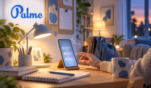 Cozy evening study desk with a smartphone, notebook, lamp, and the Palme logo