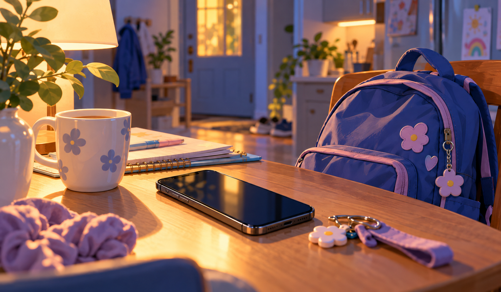 Evening kitchen table with a backpack, smartphone, notebook, keys, and a coffee mug