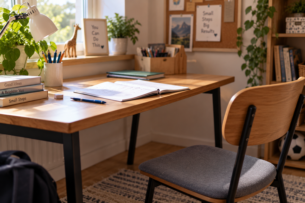 A desk with an open exercise book, a pen set down and the chair pushed back