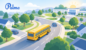 Illustrated school bus driving through a neighborhood toward a school campus with the Palme logo