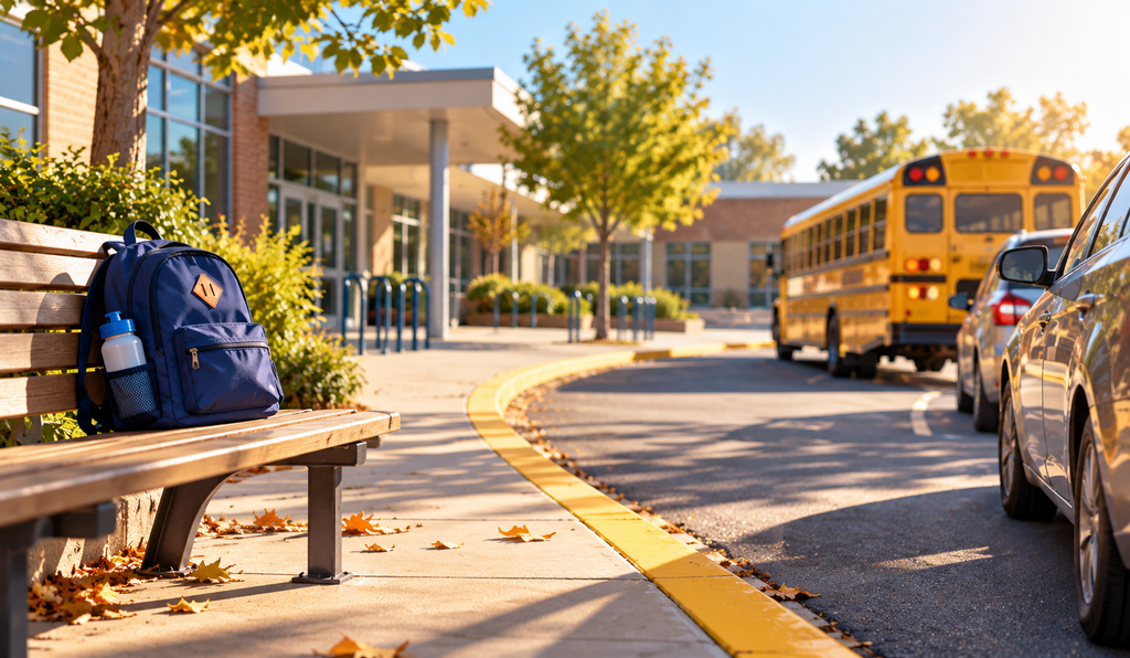 Blue backpack on a bench near a school entrance with a yellow school bus in the background