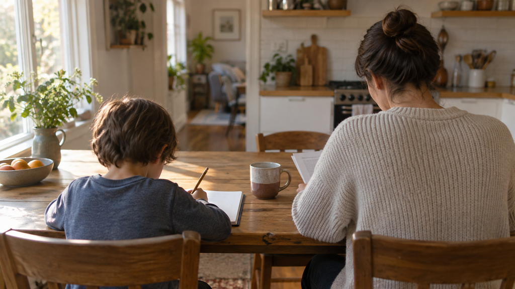 An adult and a child working side by side at a kitchen table