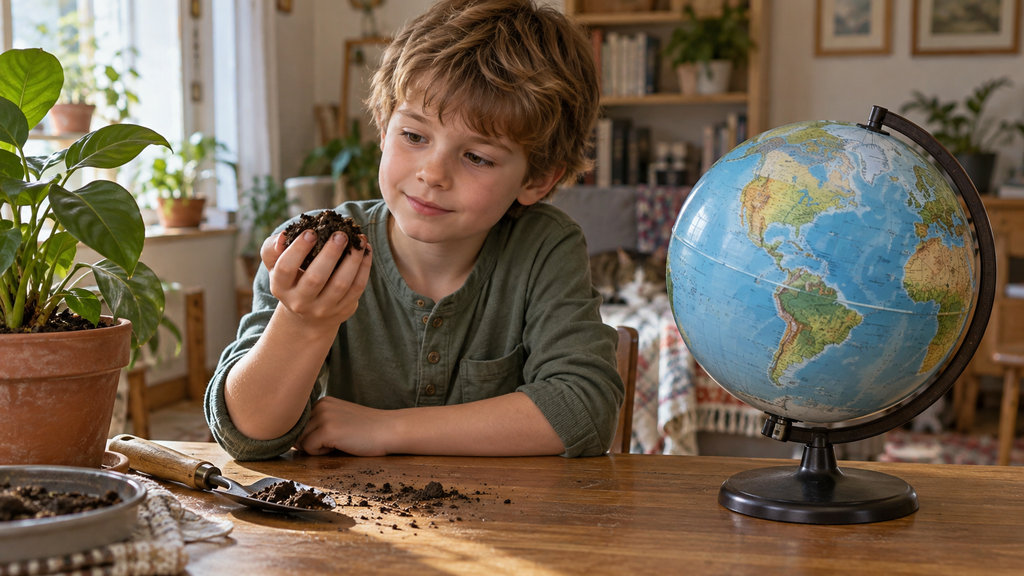 The child is looking at soil from a flower pot next to a globe