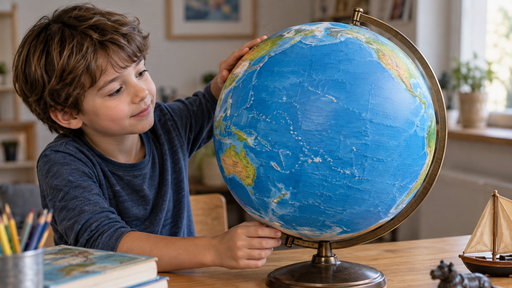 The child turned the globe with the Pacific Ocean facing forward