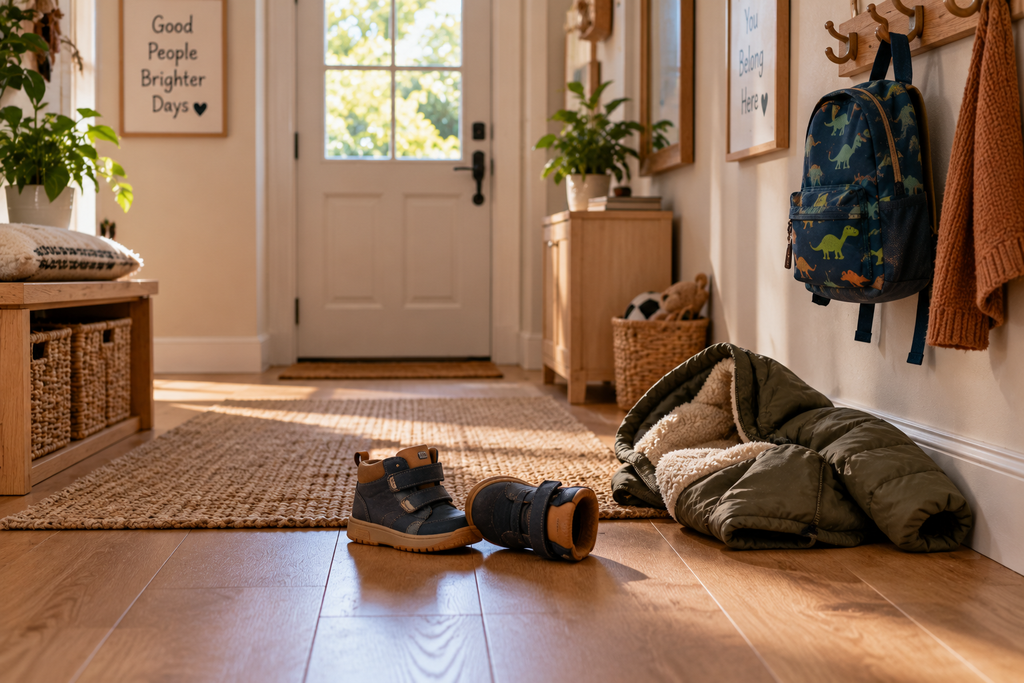 Children's shoes in a hallway and a coat on the floor beside its hook