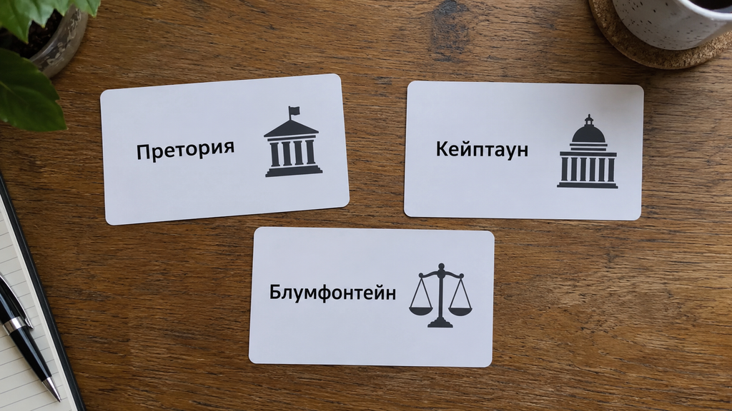Три карточки с городами Южной Африки и их столичными функциями