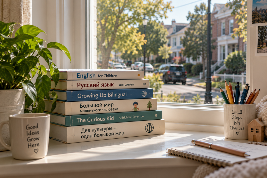 A windowsill with a stack of books in two alphabets and a street beyond
