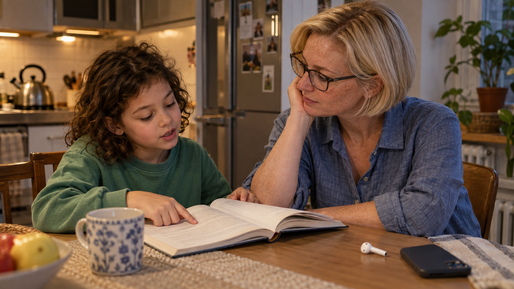The girl shows her mother the beginning of the story in the book