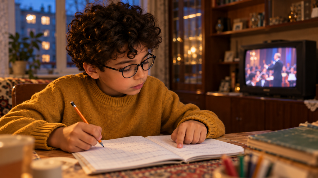 The boy reads the task while the TV is on.