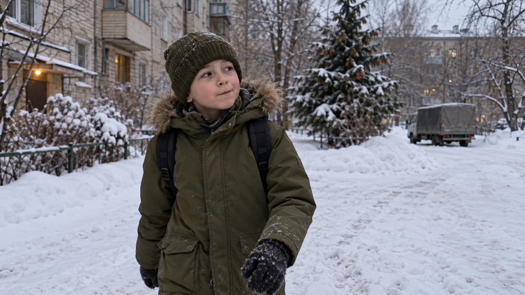 Мальчик идет домой через заснеженный двор