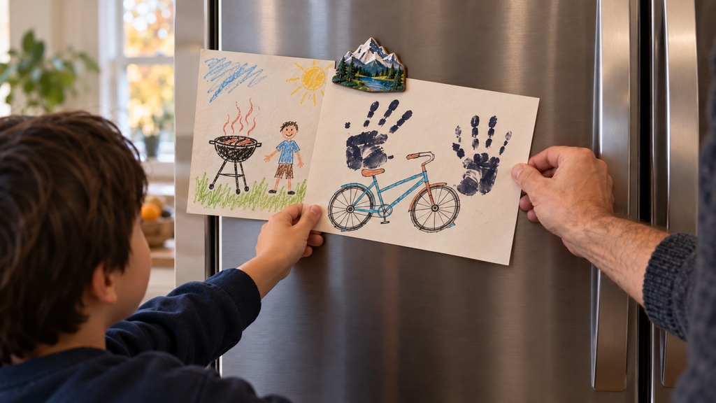 Two children's postcards for Father's Day are hanging on the refrigerator.