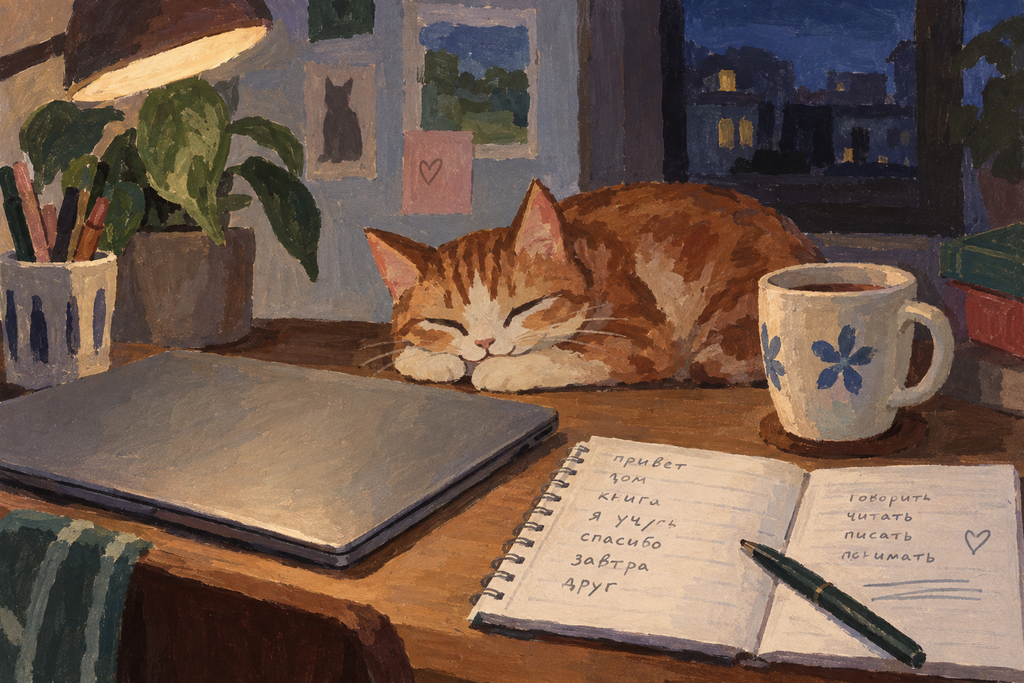 A closed laptop beside a notebook of handwritten Cyrillic and a cup
