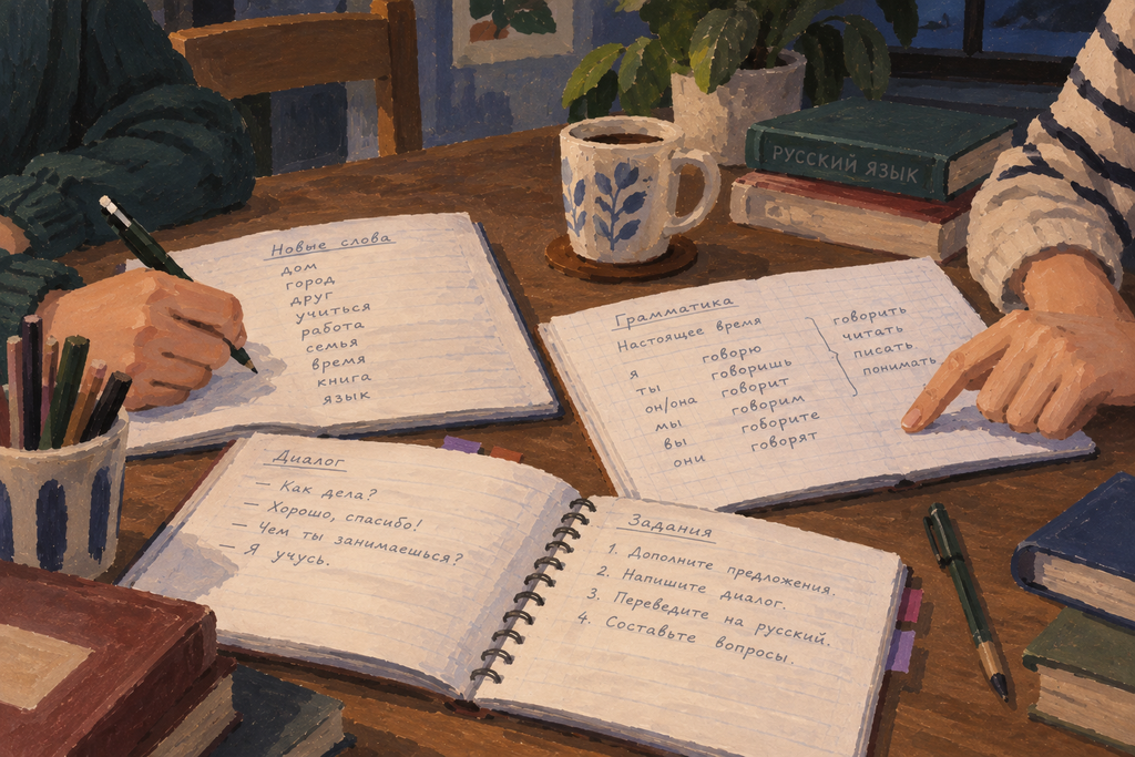 Several open notebooks side by side on a table with one person's hands at the margin