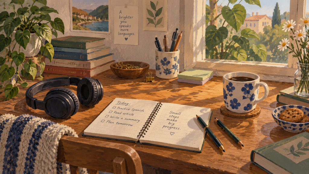A home desk with headphones, a mug, and a notebook in daylight