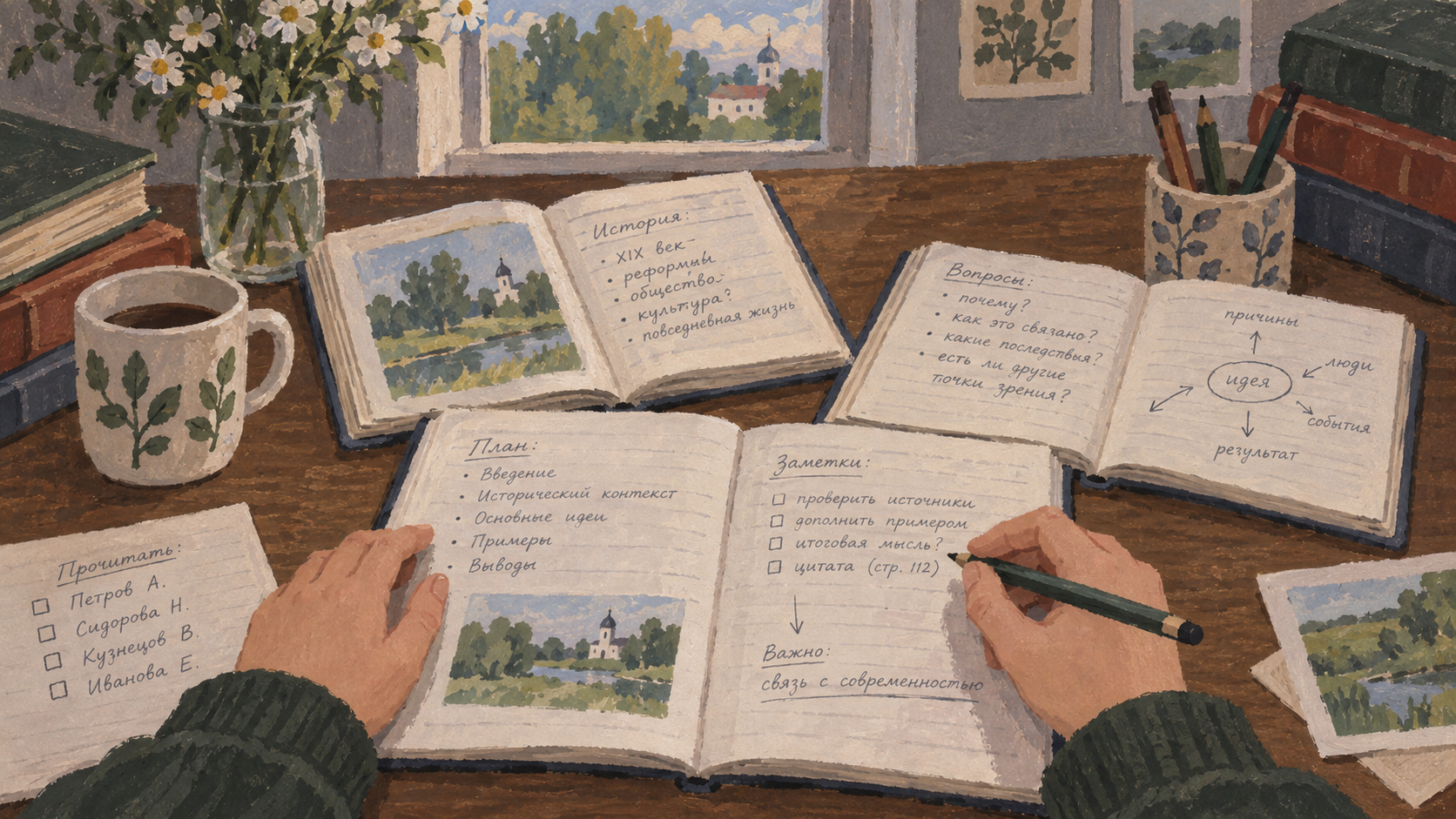 Several open notebooks side by side on a table with one person's hands at the margin