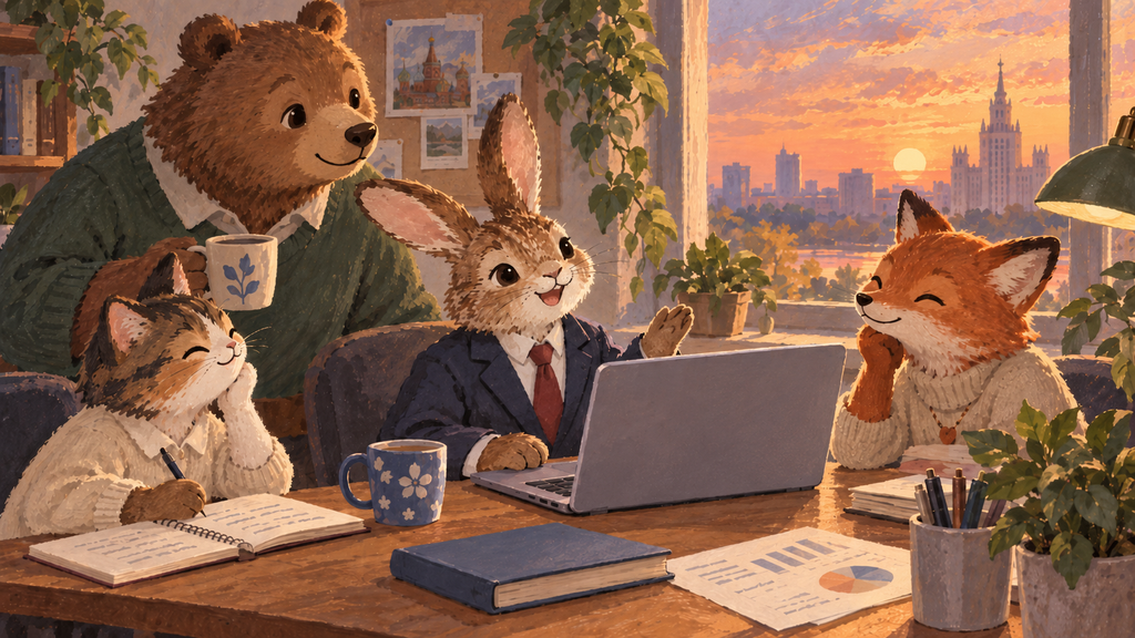 A bunny in a suit is sitting in an office with his friends; next to him is a computer with Russian text on the screen and a book with no text. Everything around him is cheerful and cute; outside the window, the sun is setting.