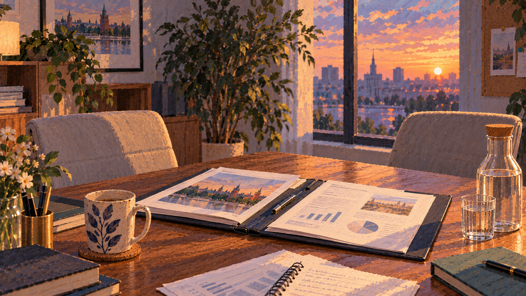 A meeting-room table with an open folder of printouts and two chairs