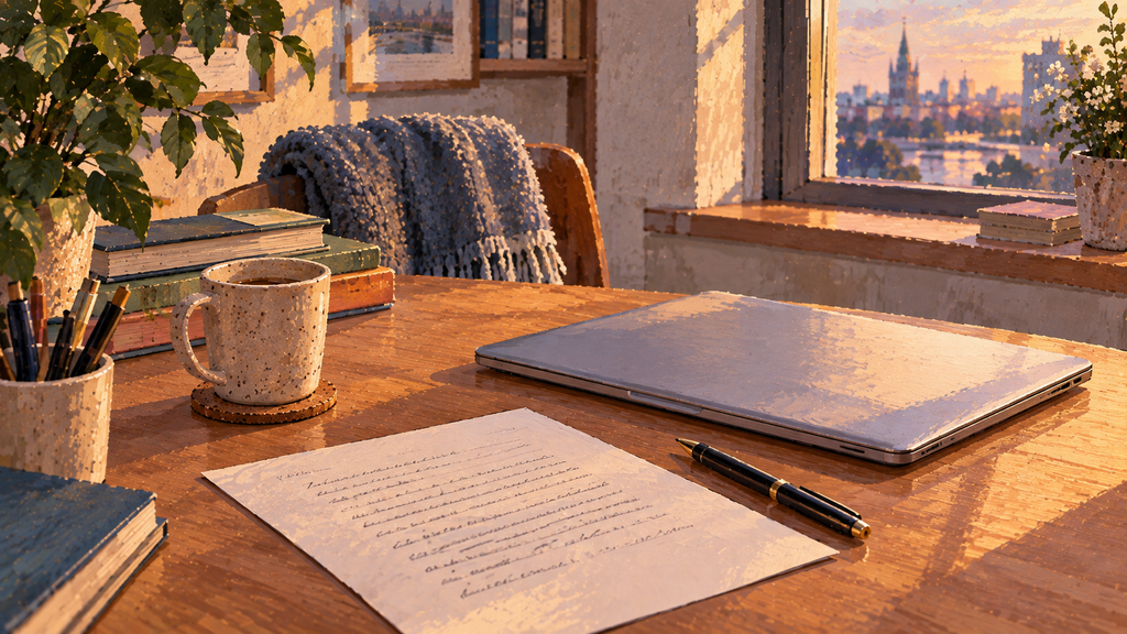 A closed laptop beside a printed letter and a pen on a desk