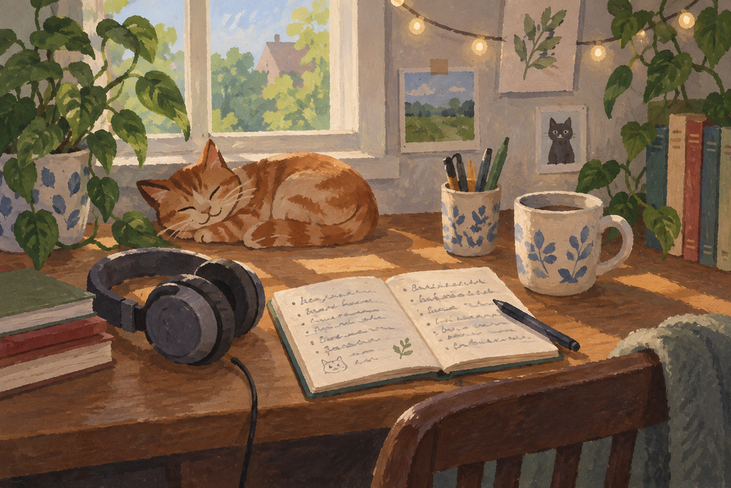 A home desk with headphones, a mug and an open notebook in daylight
