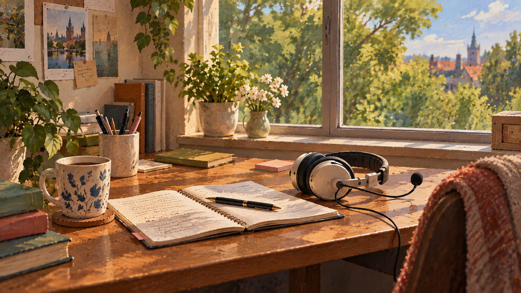 A headset lying beside an open notebook on a table with a window behind