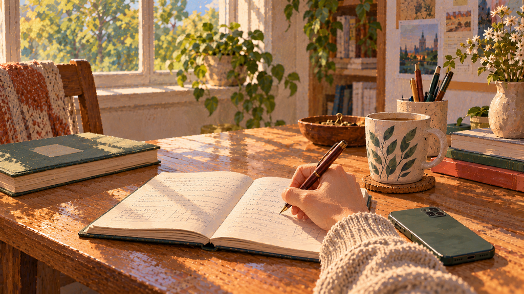 A hand writing in a notebook beside a phone lying face down