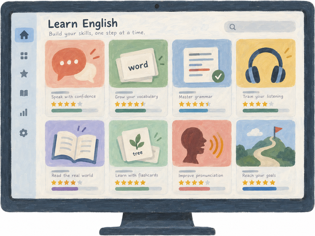 A catalog of various apps for learning English on a computer screen