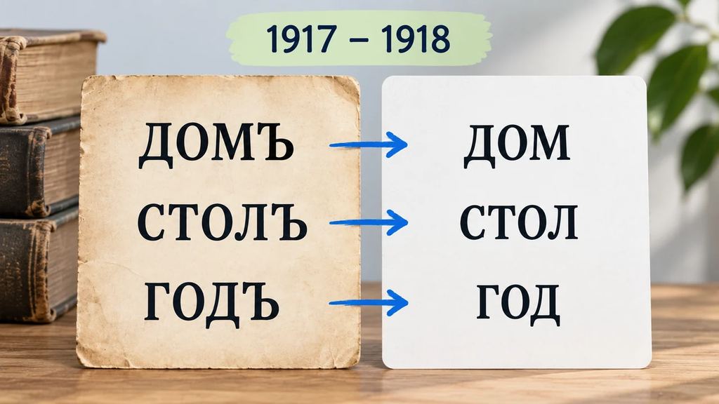 Учебная карточка показывает, как после реформы русской орфографии 1917–1918 годов исчез твердый знак на конце слов: домъ стал дом, столъ — стол, годъ — год