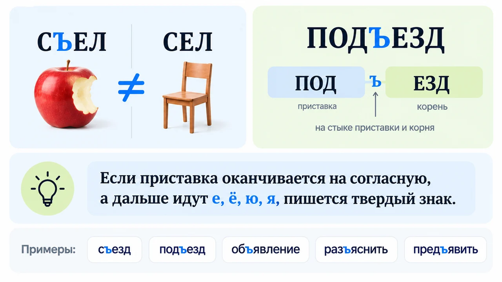 Учебная карточка объясняет современную работу твердого знака на примерах «съел — сел» и «подъезд» и показывает правило написания ъ после приставки на согласную перед е, ё, ю, я