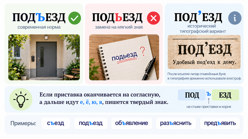 Карточка сравнивает современное написание «подъезд», ошибочное «подьезд» и исторический вариант с апострофом «под’езд». Внизу — правило употребления разделительного твердого знака и примеры.