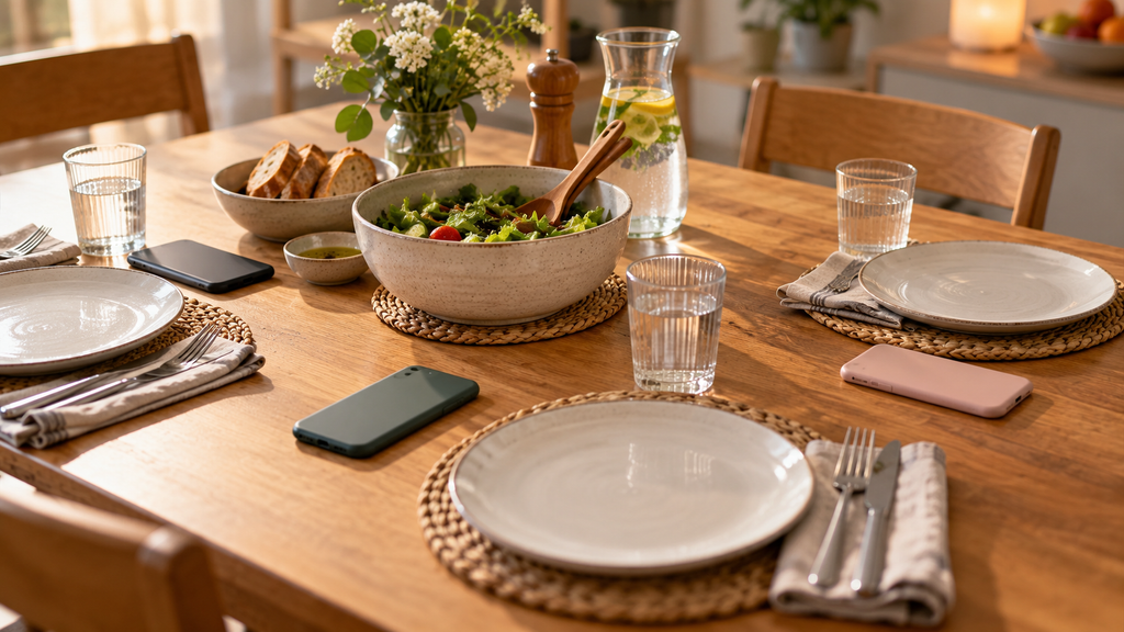 Three phones face down on a kitchen table beside plates