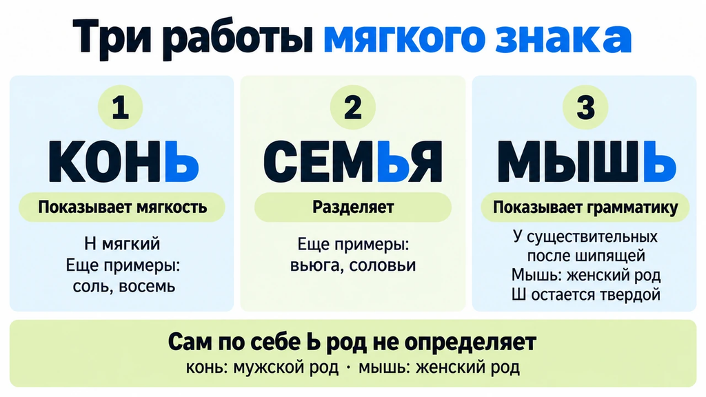 Три функции мягкого знака на примерах «конь», «семья» и «мышь»: обозначение мягкости, разделение и грамматическая роль. Карточка уточняет условие «после шипящей» и напоминает, что сам по себе ь род не определяет.