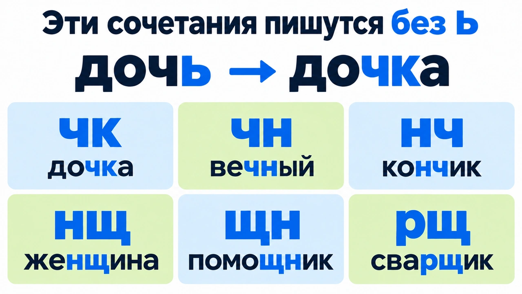 Карточка показывает пару «дочь → дочка» и шесть сочетаний, которые пишутся без мягкого знака: чк, чн, нч, нщ, щн, рщ. Сочетания выделены синим в словах «дочка», «вечный», «кончик», «женщина», «помощник», «сварщик».