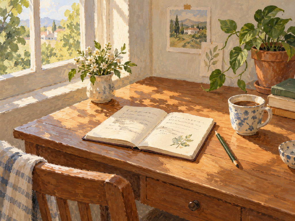 A kitchen table in the morning with an open notebook, a pencil, and a cup