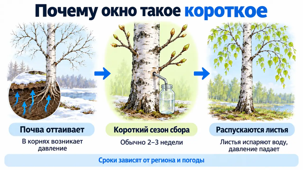 Карточка объясняет короткий сезон сбора березового сока: после оттаивания почвы возникает корневое давление, а с появлением листьев усиливается испарение воды и давление падает. Показаны три состояния березы и врезка с корнями.