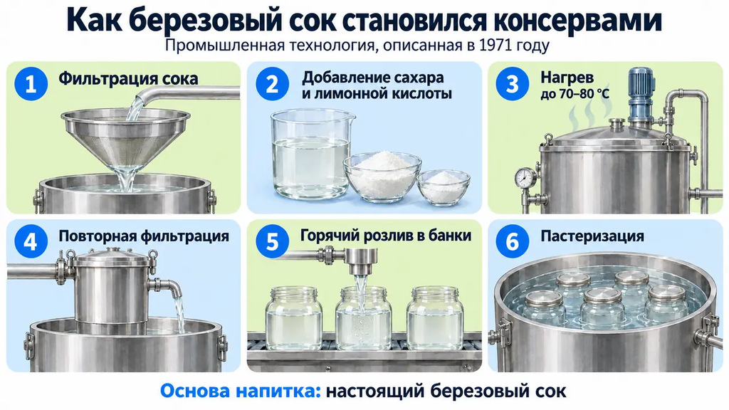 Схема промышленного консервирования березового сока по технологии, описанной в 1971 году: фильтрация, добавление сахара и лимонной кислоты, нагрев до 70–80 °C, повторная фильтрация, горячий розлив и пастеризация. Оборудование изображено условно.