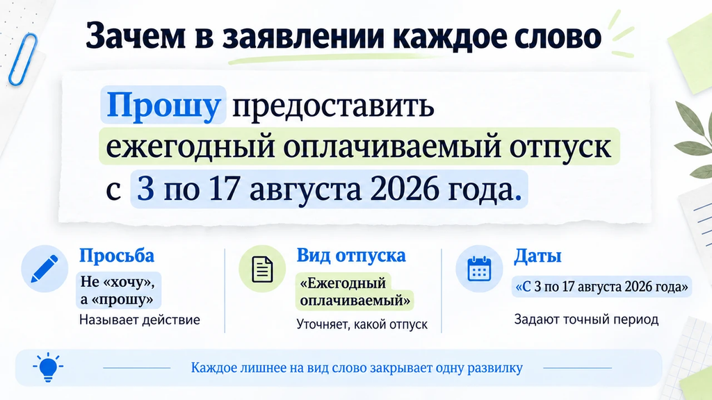 Разбор заявления на отпуск: цветом выделены просьба, вид отпуска и точные даты. Подписи объясняют выбор формулировок и показывают, как каждое уточнение уменьшает разночтения.