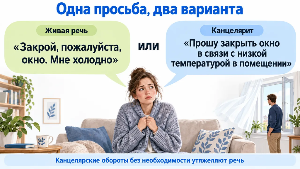 Два варианта просьбы закрыть окно: живая речь и канцелярит. Оба облачка направлены к одной женщине, показывая, как канцелярские обороты утяжеляют бытовую фразу.