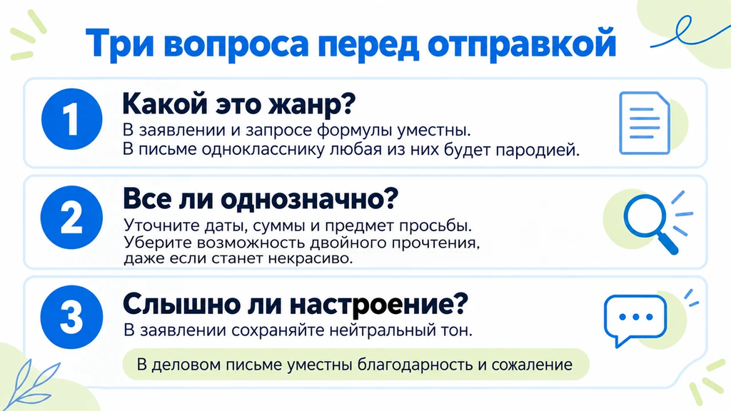 Памятка для проверки текста перед отправкой: соответствие жанру, однозначность формулировок и нейтральный тон. Отдельно отмечено, что в деловом письме уместны благодарность и сожаление.