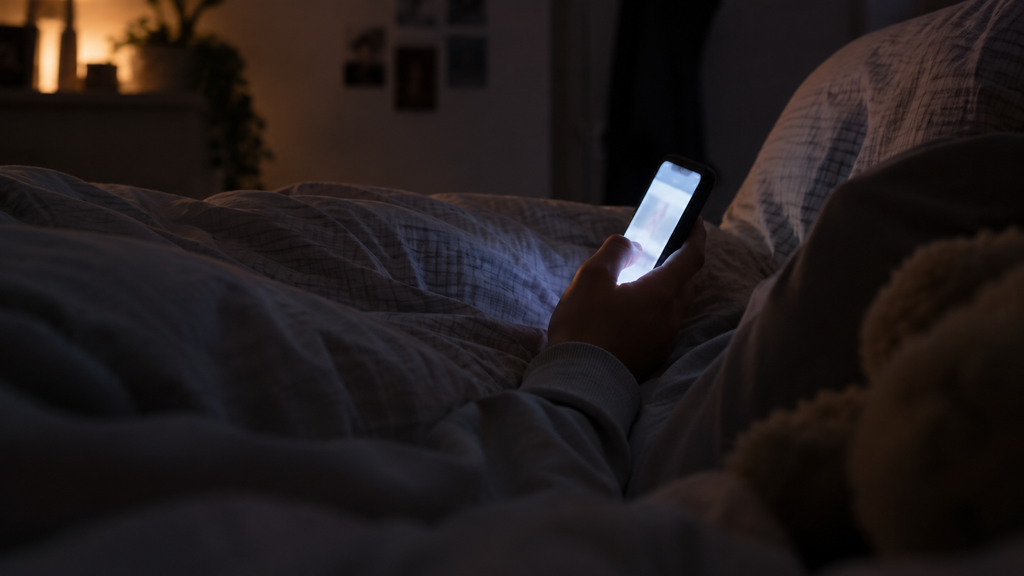 A teenager on a bed with only a hand and a lit phone screen visible