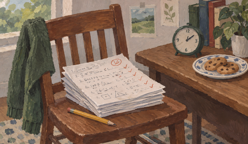 A desk with a stack of handwritten pages, a pencil, a clock