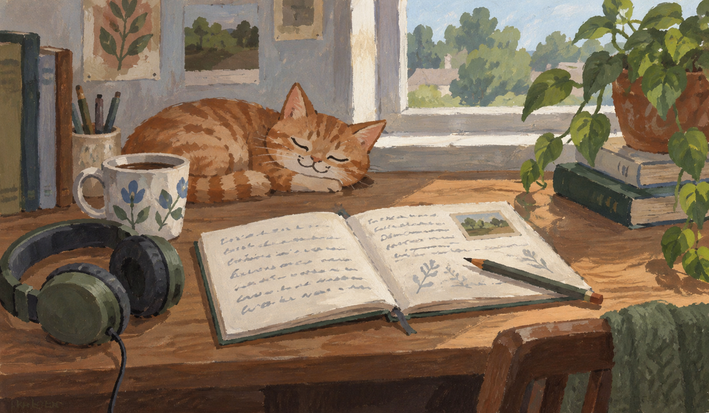 An open notebook, headphones, and a mug on a table in daylight